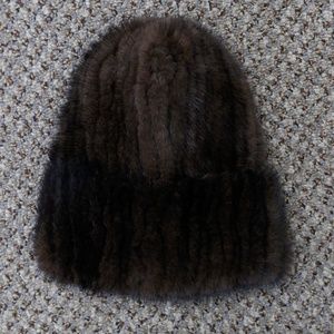 SALE Natural Brown Knitted Mink Fur Stretch Beanie